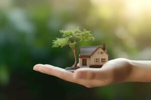 une main tenant une petite maison et un arbre, sur un fond nature flouté 
